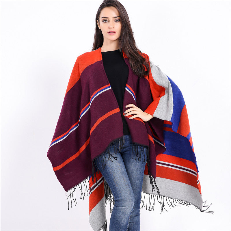 Damen Oversize-Ruana‑Überwurf aus Wollmix mit Zipfelsaum und Fransensaum Drune
