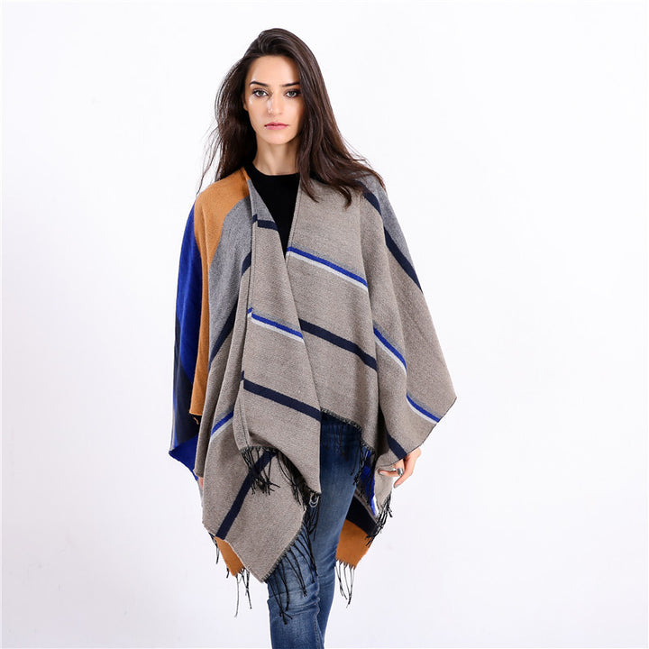 Damen Oversize-Ruana‑Überwurf aus Wollmix mit Zipfelsaum und Fransensaum Drune