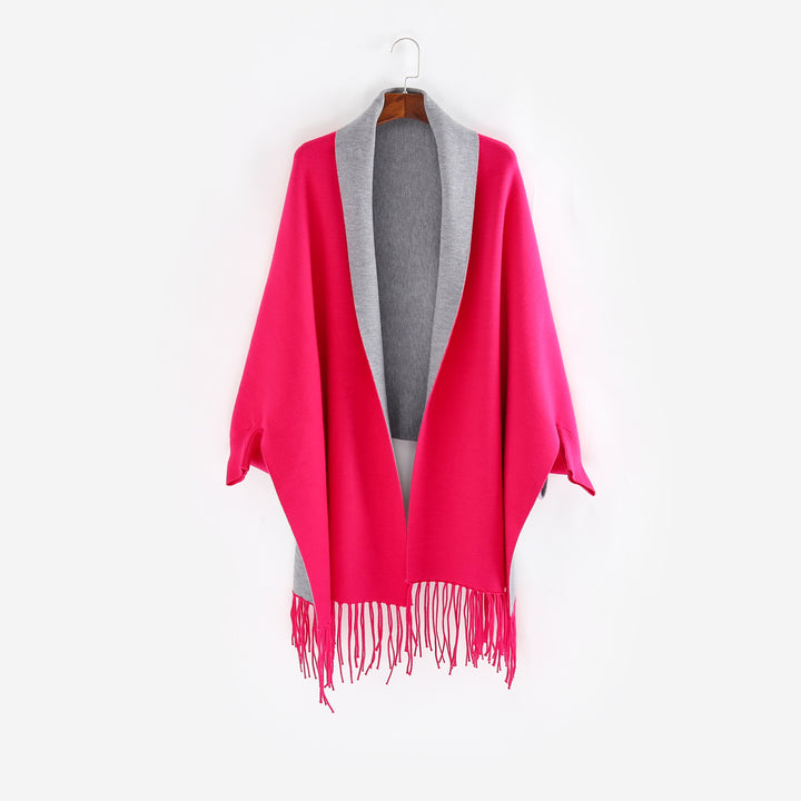 Damen Oversize-Wendecape mit Schalkragen und Fransensaum Drune