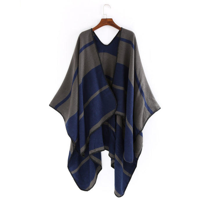Damen Oversize-Ruana mit geometrischem Blockstreifen und Ziernaht Drune
