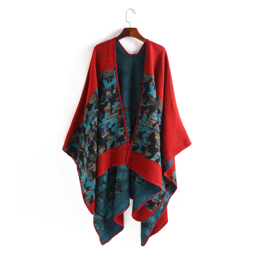 Damen Oversize-Ruana-Umhang aus Wollmix mit geometrischem Jacquardbesatz Drune