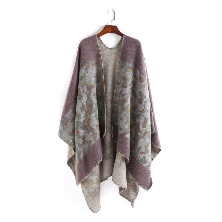 Damen Oversize-Ruana-Umhang aus Wollmix mit geometrischem Jacquardbesatz Drune