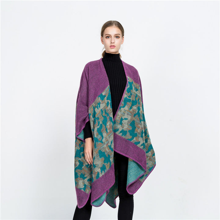 Damen Oversize-Ruana-Umhang aus Wollmix mit geometrischem Jacquardbesatz Drune