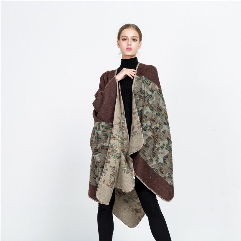 Damen Oversize-Ruana-Umhang aus Wollmix mit geometrischem Jacquardbesatz Drune