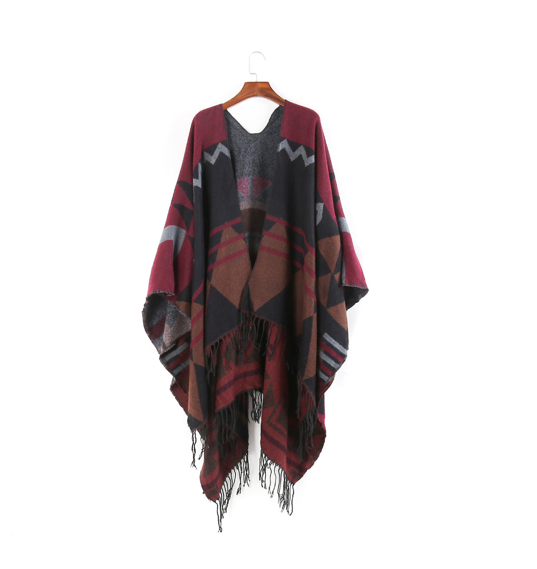 Damen Großer Fransen-Cardigan im Ruana-Stil mit grafischem Jacquard Drune