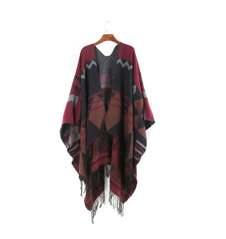 Damen Großer Fransen-Cardigan im Ruana-Stil mit grafischem Jacquard Drune