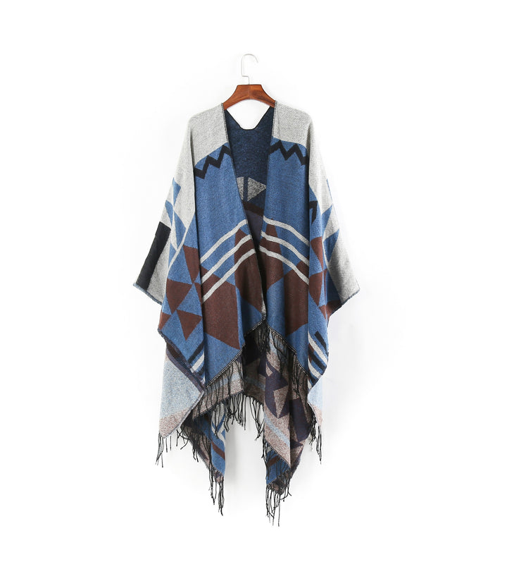 Damen Großer Fransen-Cardigan im Ruana-Stil mit grafischem Jacquard Drune