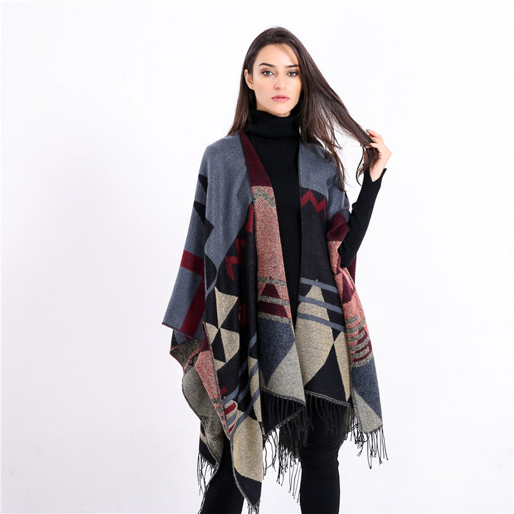 Damen Großer Fransen-Cardigan im Ruana-Stil mit grafischem Jacquard Drune