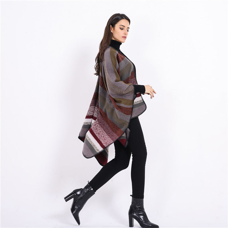 Damen Gewobene Oversize-Ruana mit diagonalem Blockstreifen und Kettelkante Drune