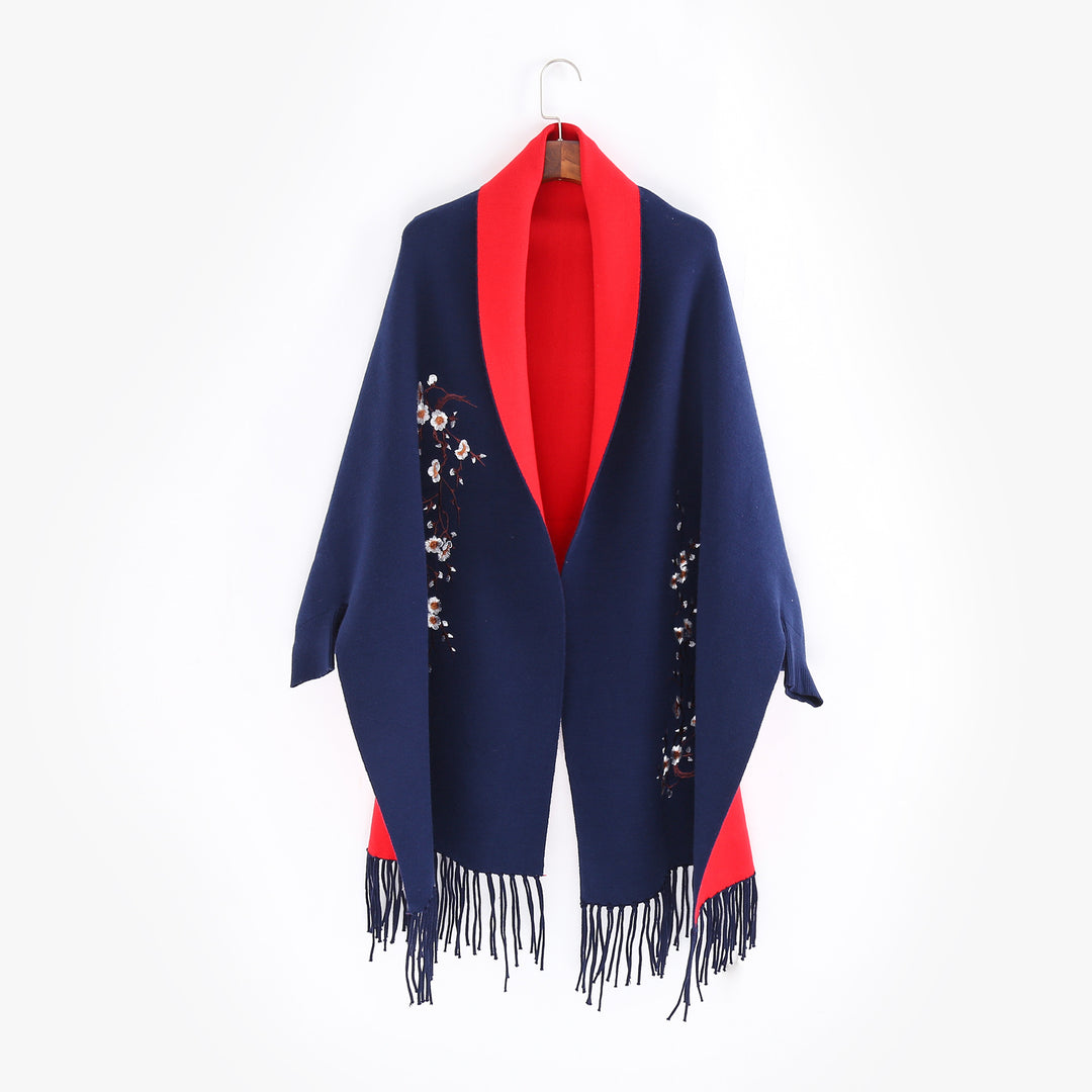 Damen Reversible Strick-Ruana mit Blumenstickerei und Fransensaum Drune