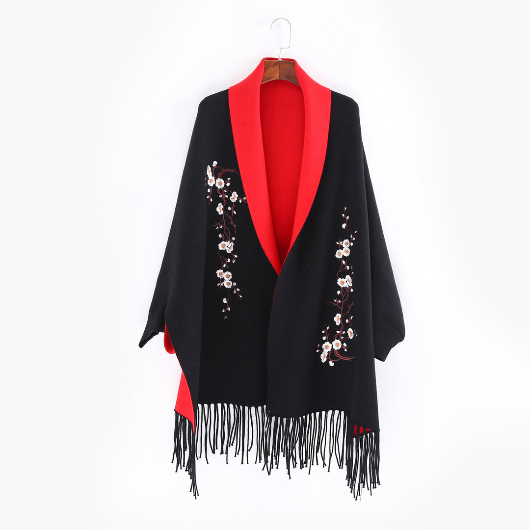 Damen Reversible Strick-Ruana mit Blumenstickerei und Fransensaum Drune