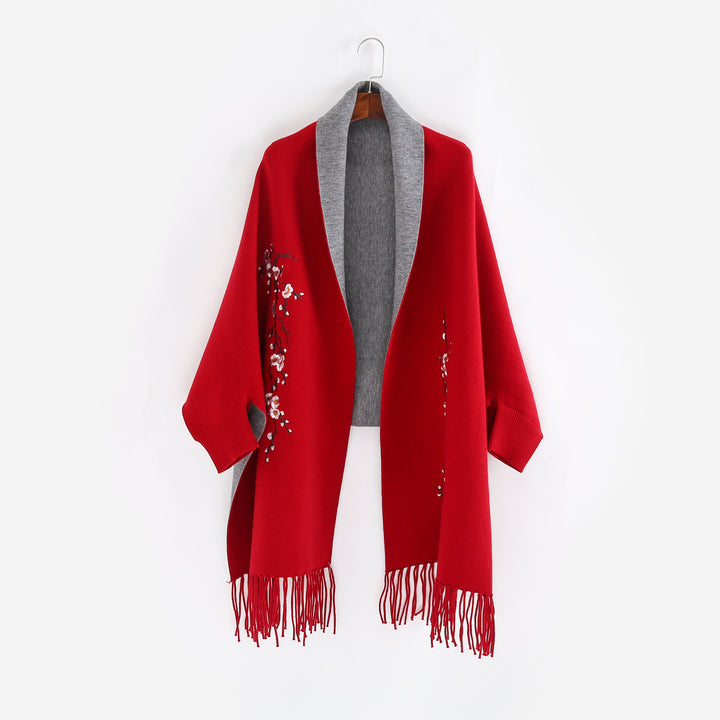 Damen Reversible Strick-Ruana mit Blumenstickerei und Fransensaum Drune