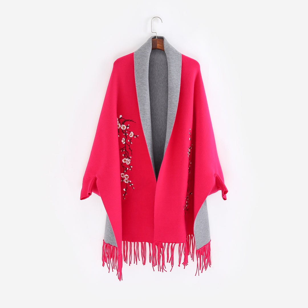 Damen Reversible Strick-Ruana mit Blumenstickerei und Fransensaum Drune