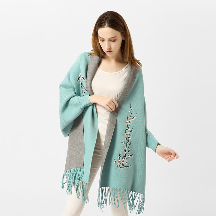 Damen Reversible Strick-Ruana mit Blumenstickerei und Fransensaum Drune