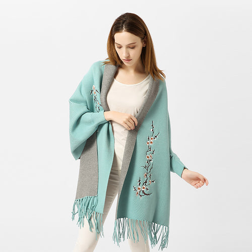 Damen Reversible Strick-Ruana mit Blumenstickerei und Fransensaum Drune