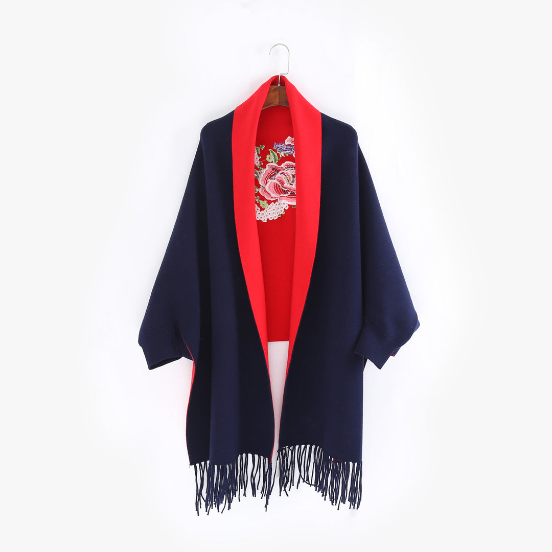Damen Cape‑Schal mit besticktem Innenfutter und Fransensaum Drune