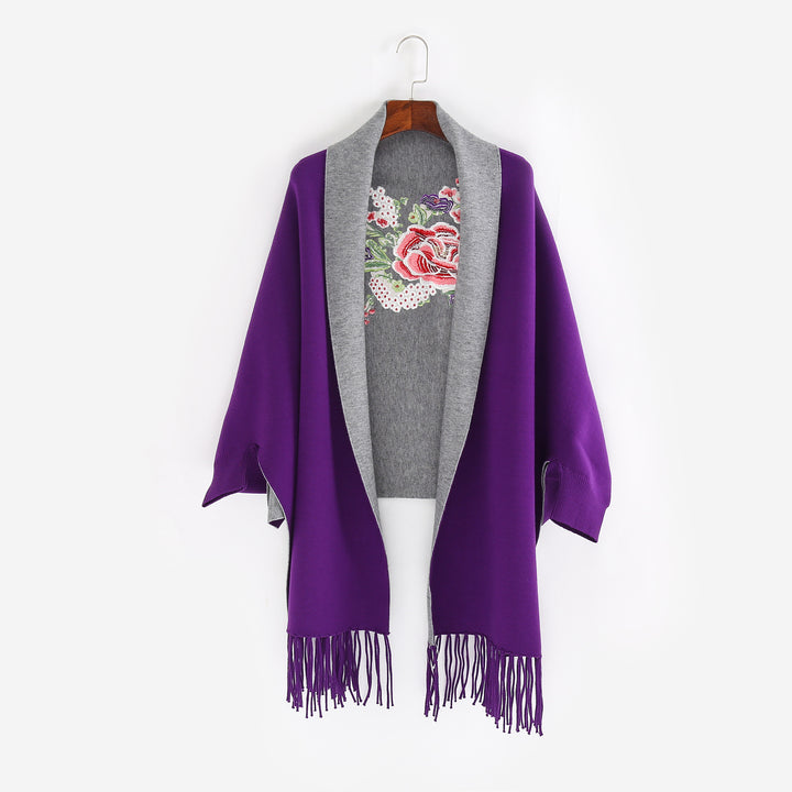 Damen Cape‑Schal mit besticktem Innenfutter und Fransensaum Drune