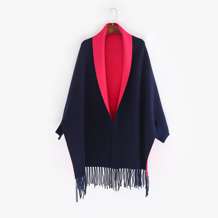 Damen Oversize-Wendecape mit Schalkragen und Fransensaum Drune