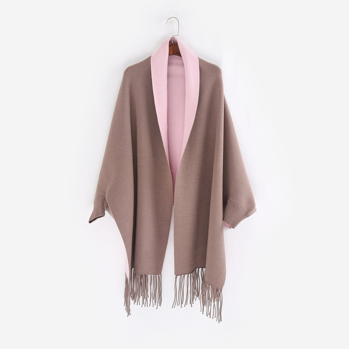 Damen Oversize-Wendecape mit Schalkragen und Fransensaum Drune