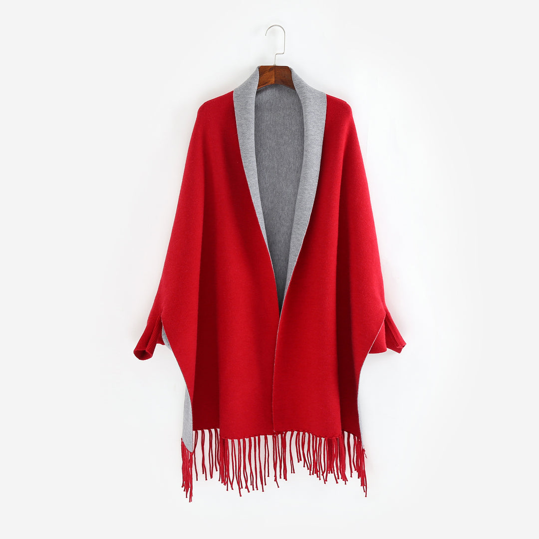 Damen Oversize-Wendecape mit Schalkragen und Fransensaum Drune