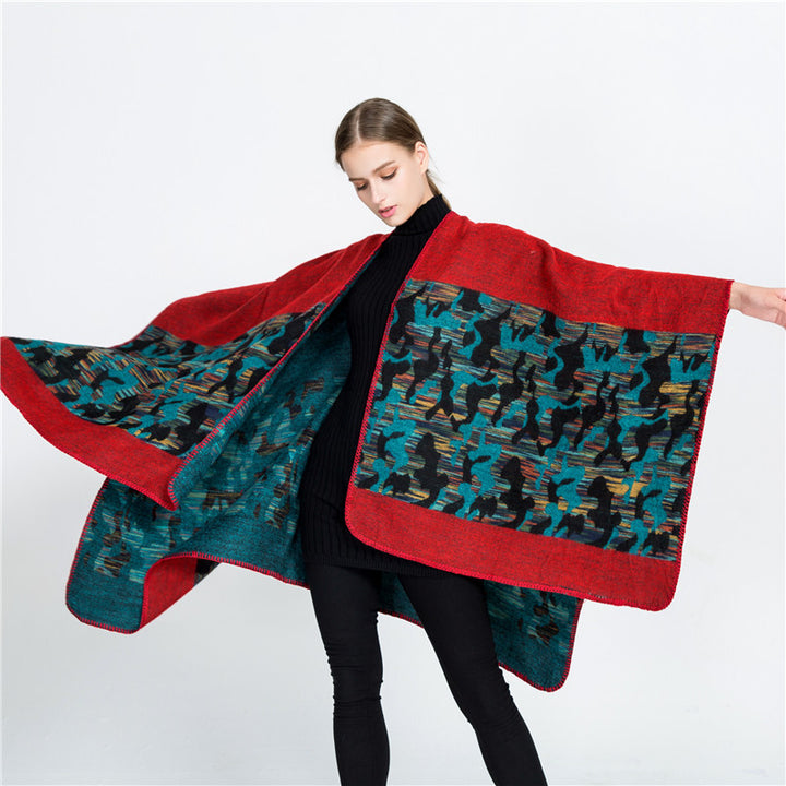 Damen Oversize-Ruana-Umhang aus Wollmix mit geometrischem Jacquardbesatz Drune