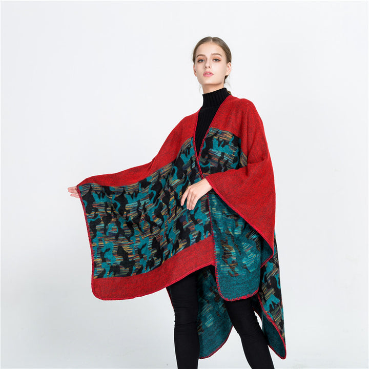 Damen Oversize-Ruana-Umhang aus Wollmix mit geometrischem Jacquardbesatz Drune