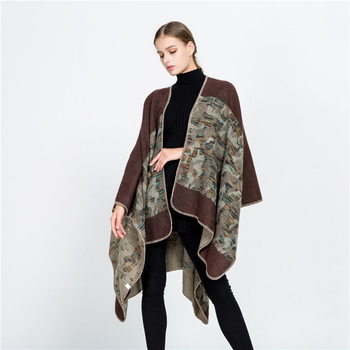 Damen Oversize-Ruana-Umhang aus Wollmix mit geometrischem Jacquardbesatz Drune