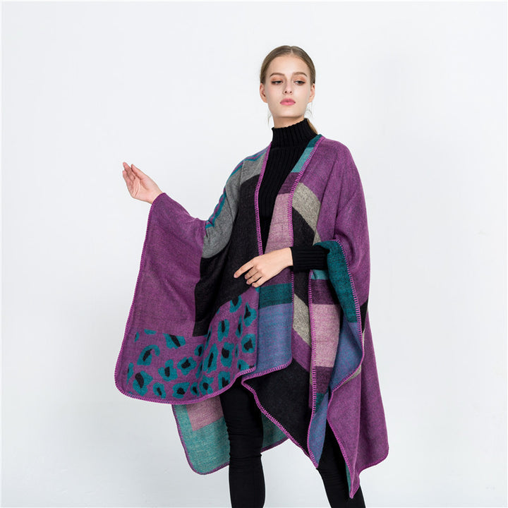Damen Oversize-Ruana-Poncho mit Sternjacquard und Zierstichkante Drune