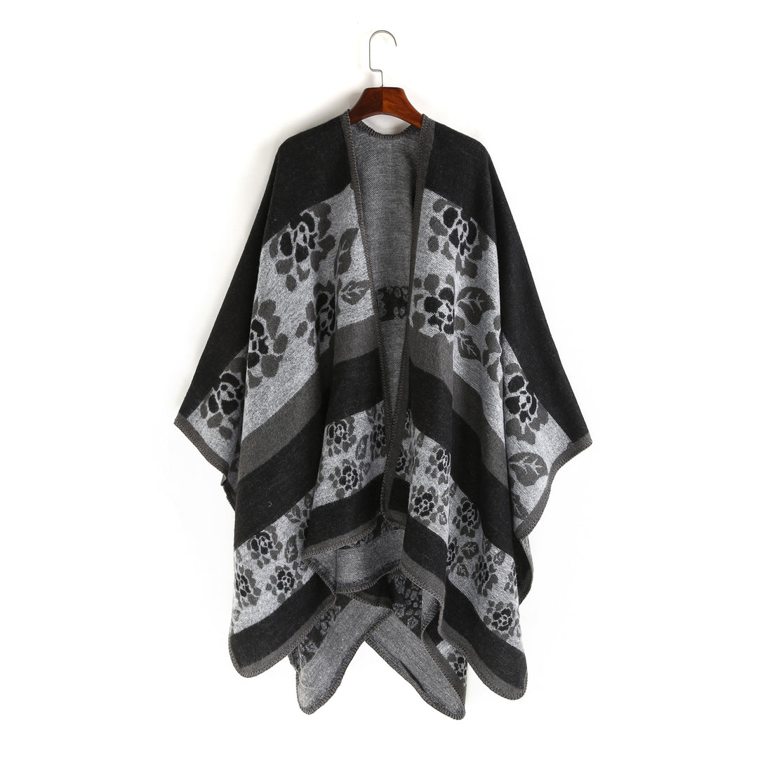 Damen Jacquard-Ruana-Überwurf mit floralem Intarsienmuster und offenem Fall Drune