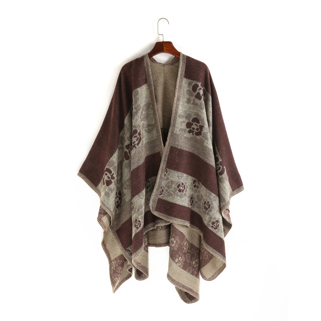 Damen Jacquard-Ruana-Überwurf mit floralem Intarsienmuster und offenem Fall Drune
