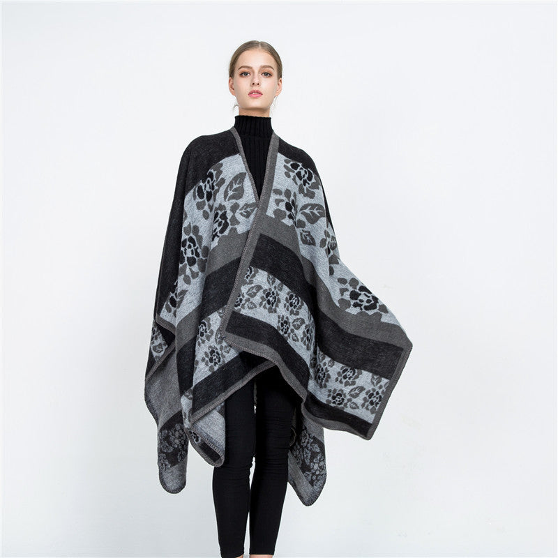Damen Jacquard-Ruana-Überwurf mit floralem Intarsienmuster und offenem Fall Drune