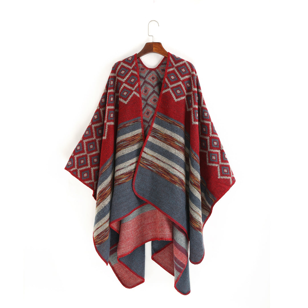 Damen Wolloptik-Ruana mit gewebtem Quadratjacquard und Zierstichkante Drune