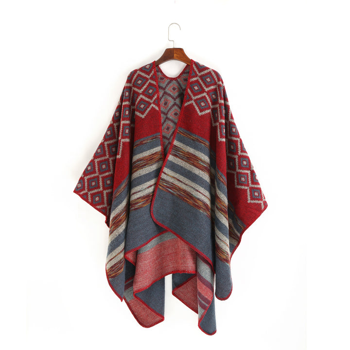 Damen Wolloptik-Ruana mit gewebtem Quadratjacquard und Zierstichkante Drune