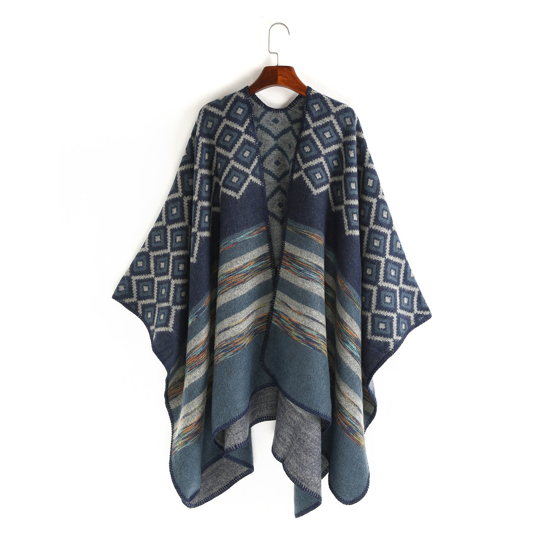 Damen Wolloptik-Ruana mit gewebtem Quadratjacquard und Zierstichkante Drune