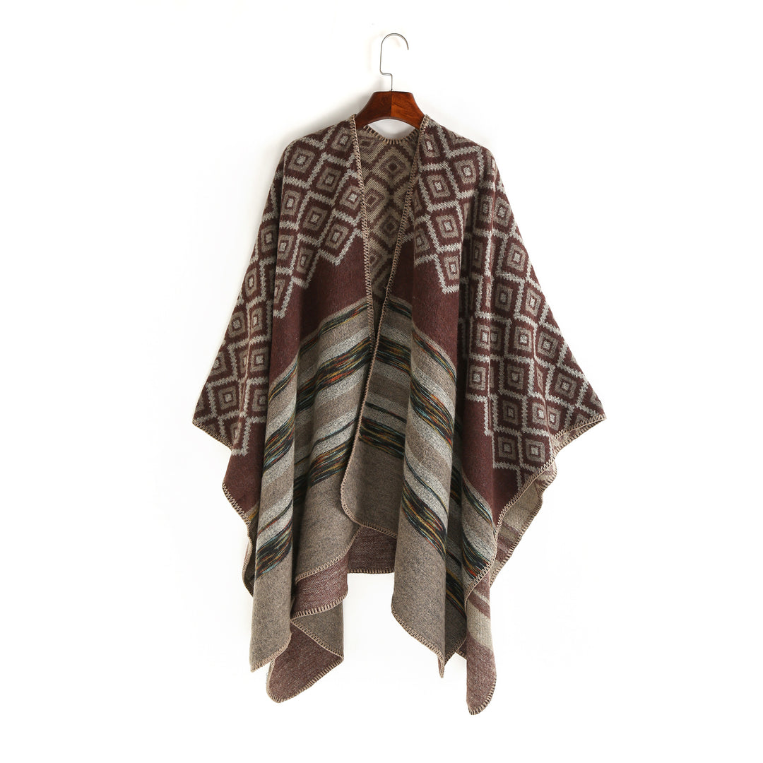Damen Wolloptik-Ruana mit gewebtem Quadratjacquard und Zierstichkante Drune