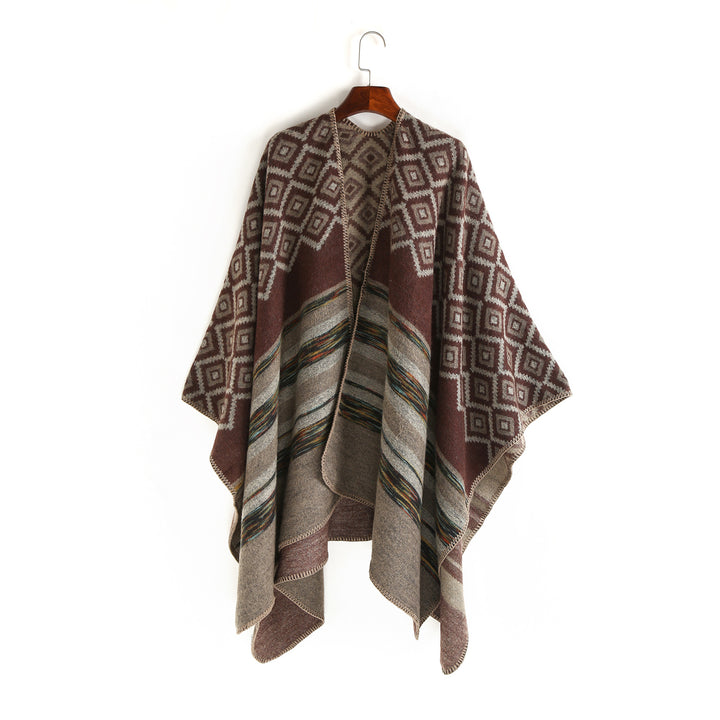 Damen Wolloptik-Ruana mit gewebtem Quadratjacquard und Zierstichkante Drune