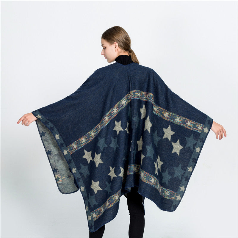 Damen Jacquard‑Ruana‑Poncho mit Sternjacquard und weichfallender Oversize‑Silhouette Drune