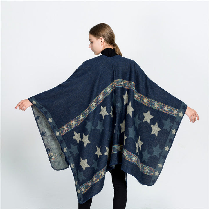 Damen Jacquard‑Ruana‑Poncho mit Sternjacquard und weichfallender Oversize‑Silhouette Drune