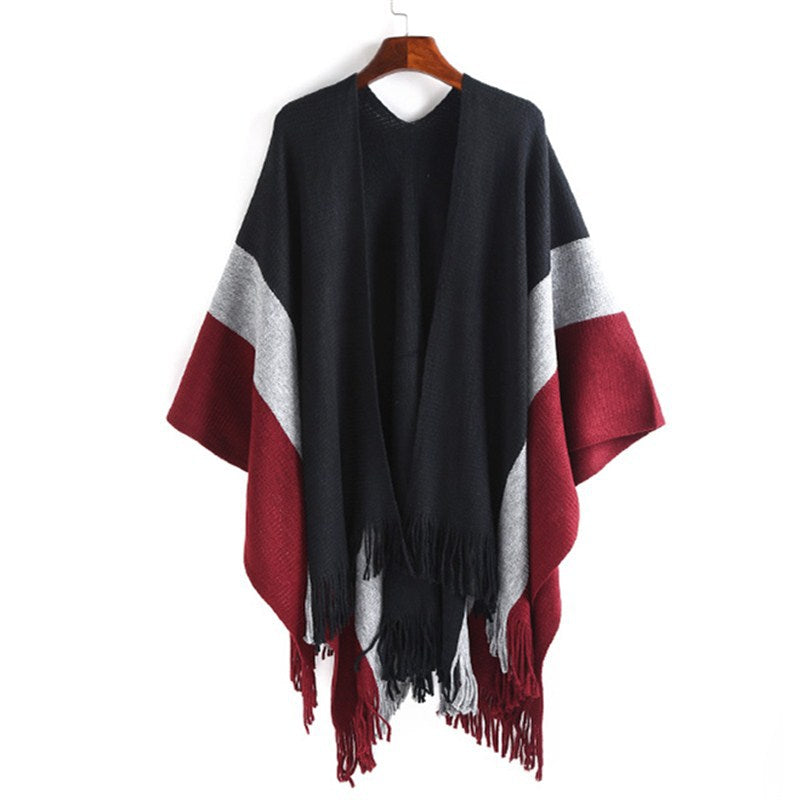 Damen Oversize‑Strickruana mit V‑Ausschnitt, offenem Fall und Fransensaum Drune