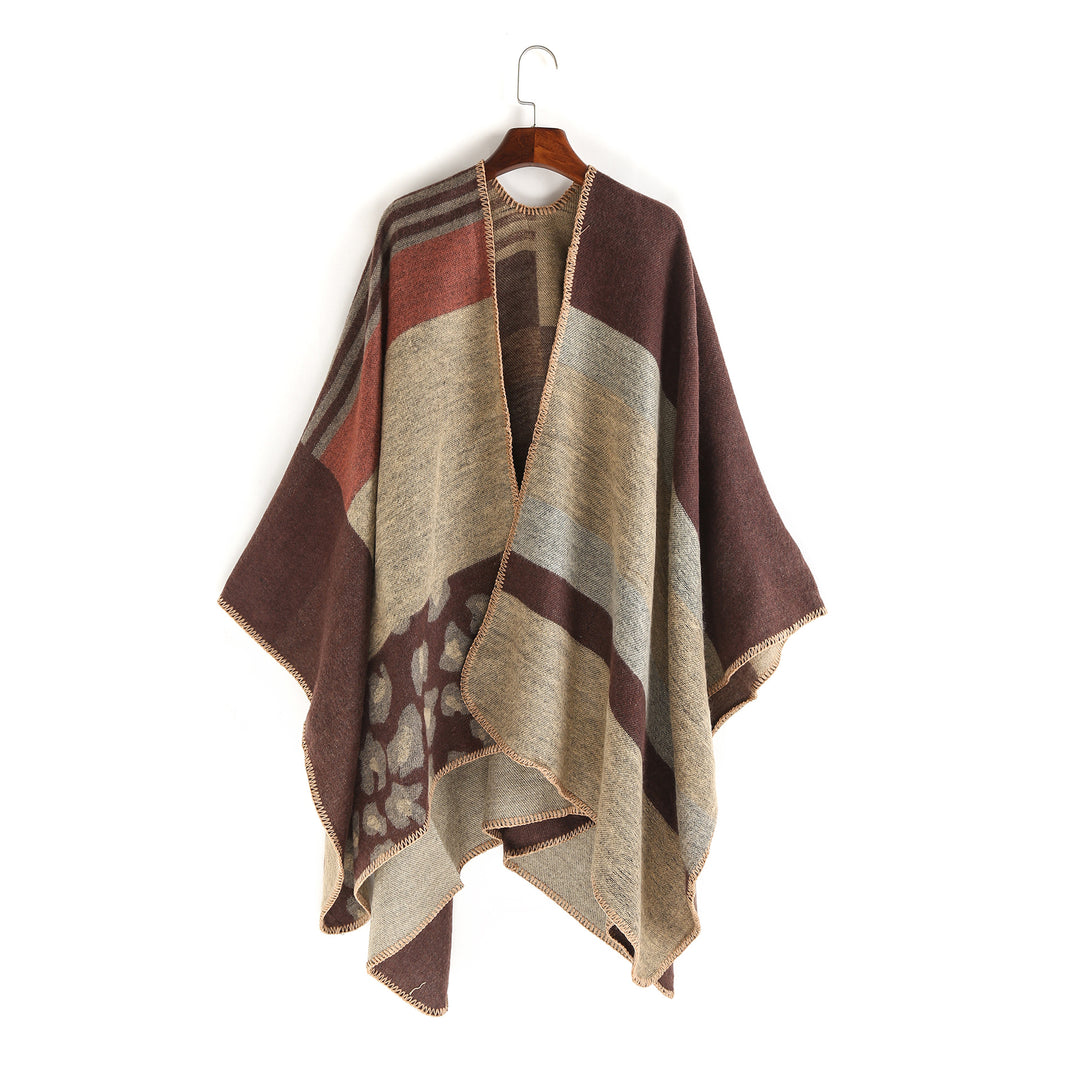 Damen Oversize-Ruana-Poncho mit Sternjacquard und Zierstichkante Drune