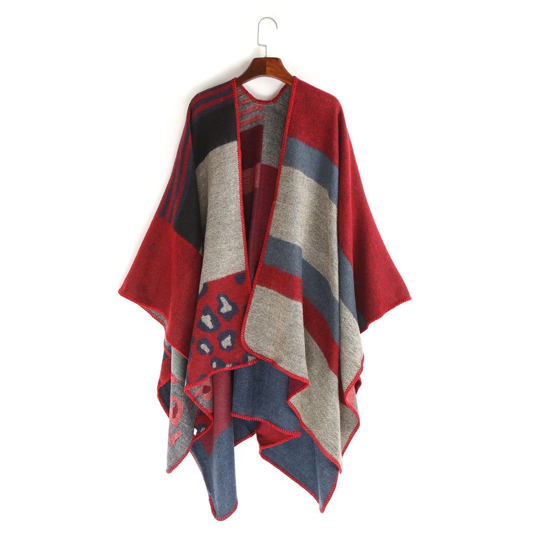 Damen Oversize-Ruana-Poncho mit Sternjacquard und Zierstichkante Drune
