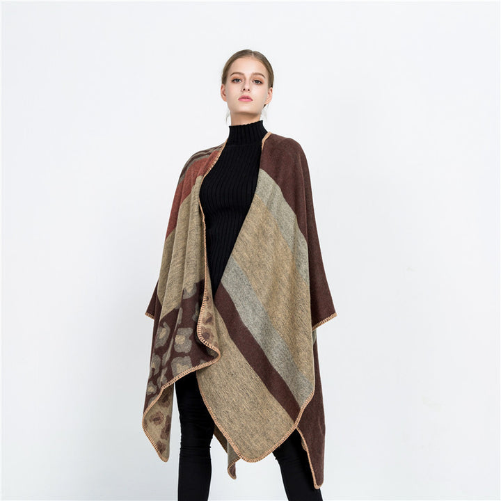 Damen Oversize-Ruana-Poncho mit Sternjacquard und Zierstichkante Drune