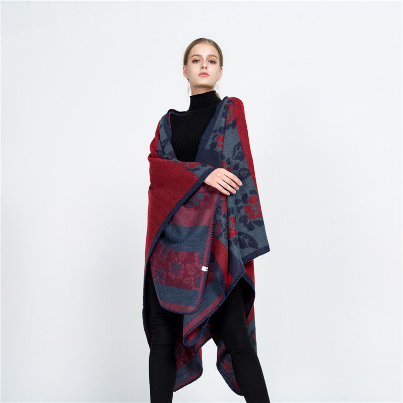 Damen Jacquard-Ruana-Überwurf mit floralem Intarsienmuster und offenem Fall Drune
