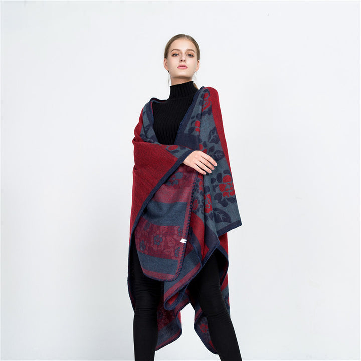 Damen Jacquard-Ruana-Überwurf mit floralem Intarsienmuster und offenem Fall Drune