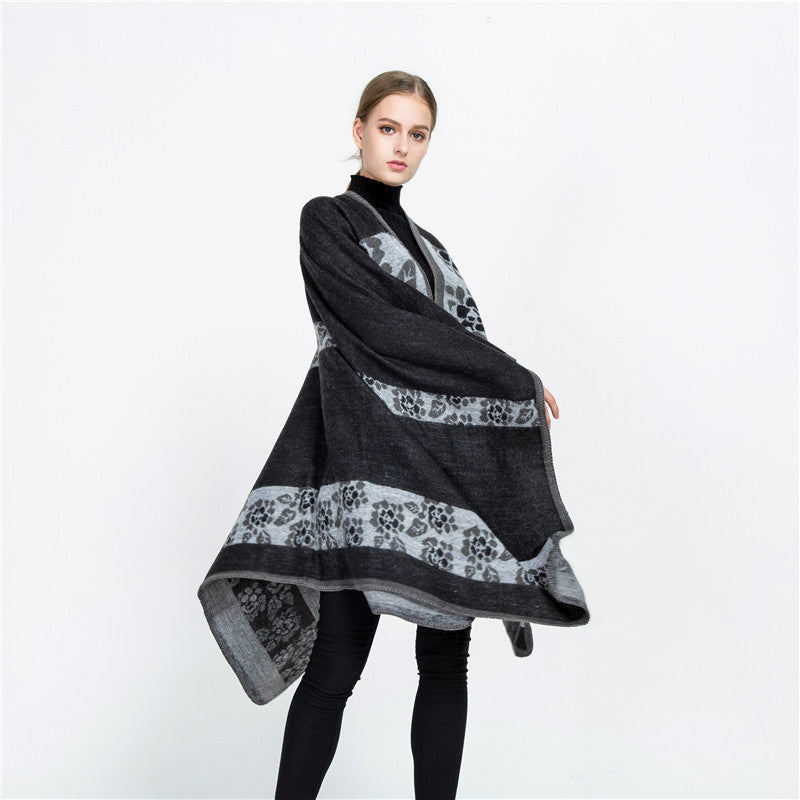 Damen Jacquard-Ruana-Überwurf mit floralem Intarsienmuster und offenem Fall Drune