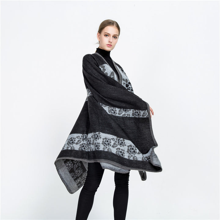 Damen Jacquard-Ruana-Überwurf mit floralem Intarsienmuster und offenem Fall Drune