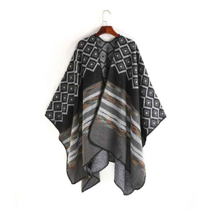 Damen Wolloptik-Ruana mit gewebtem Quadratjacquard und Zierstichkante Drune