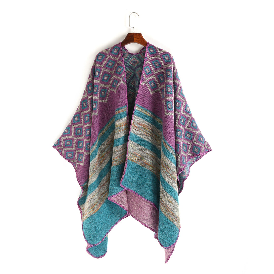 Damen Wolloptik-Ruana mit gewebtem Quadratjacquard und Zierstichkante Drune