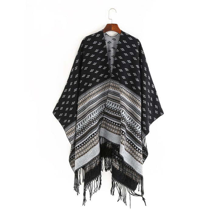 Damen Ruana-Poncho mit Jacquardmuster, Fransen und weichem Wollmix Drune