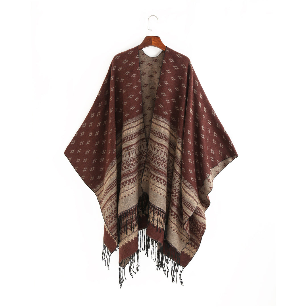 Damen Ruana-Poncho mit Jacquardmuster, Fransen und weichem Wollmix Drune